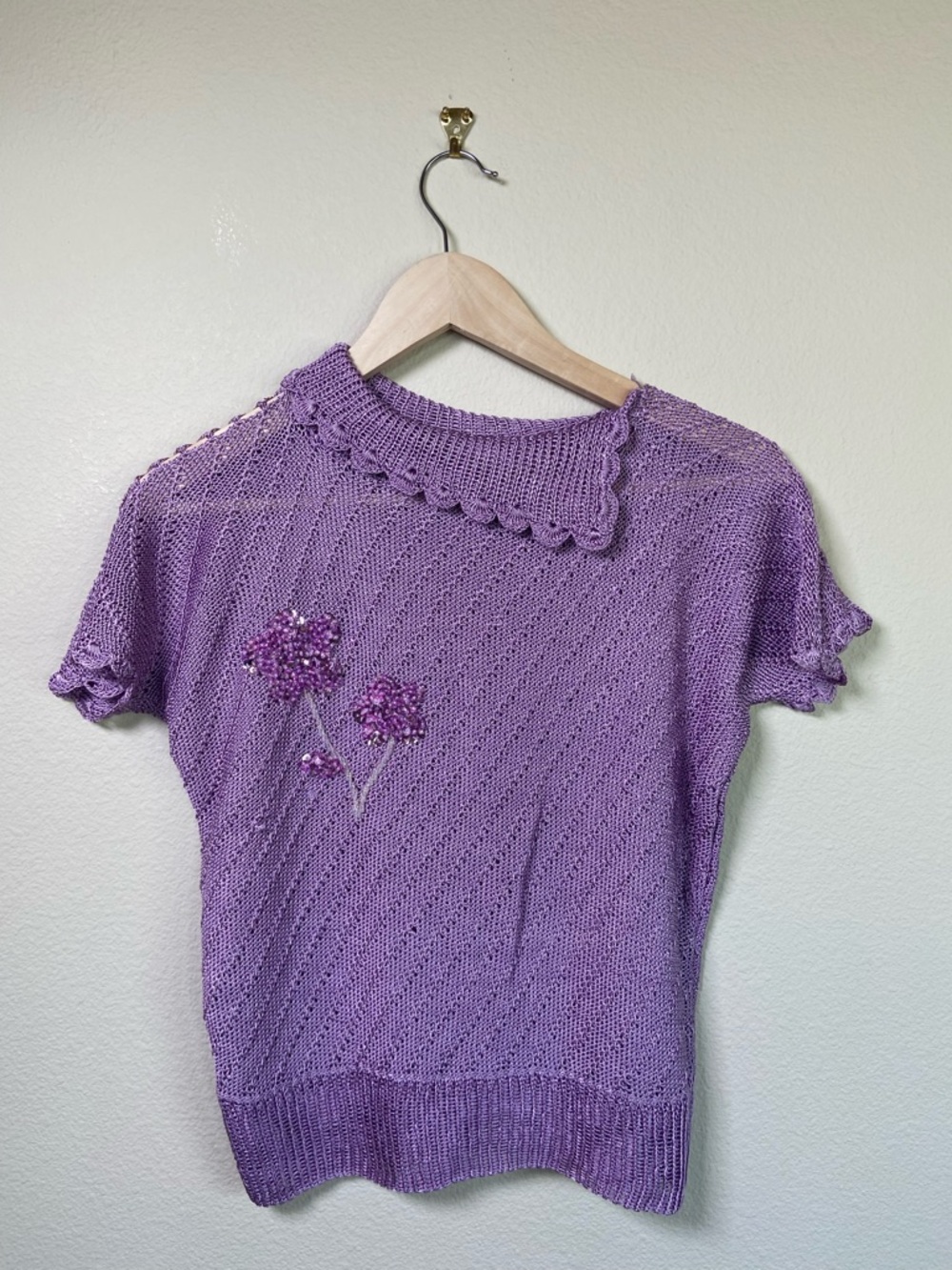 Vintage Crochet Top with Floral Applique in Purple Small